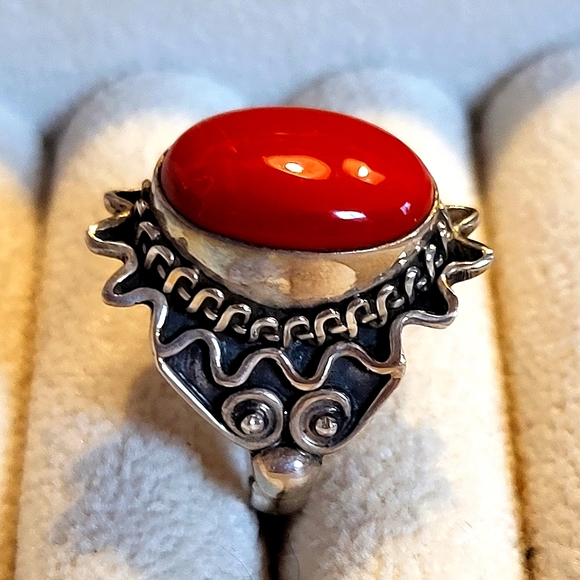 Bohemian Boho .925 Sterling Silver  Red Coral Ring Size 7 3/4 (New) - Picture 2 of 3